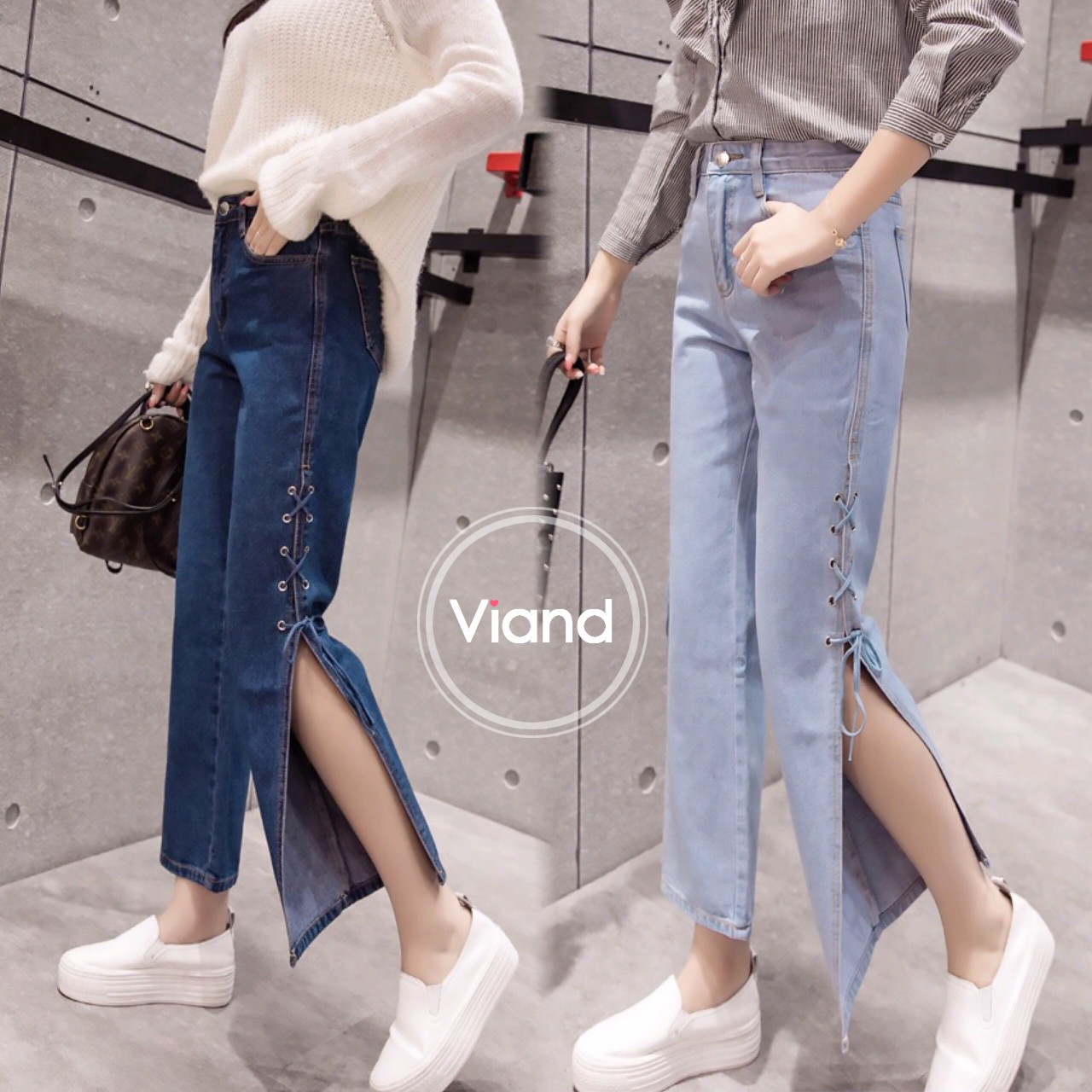พร้อมส่ง กางเกงยีนทรงเก๋ๆ ผ่าข้าง