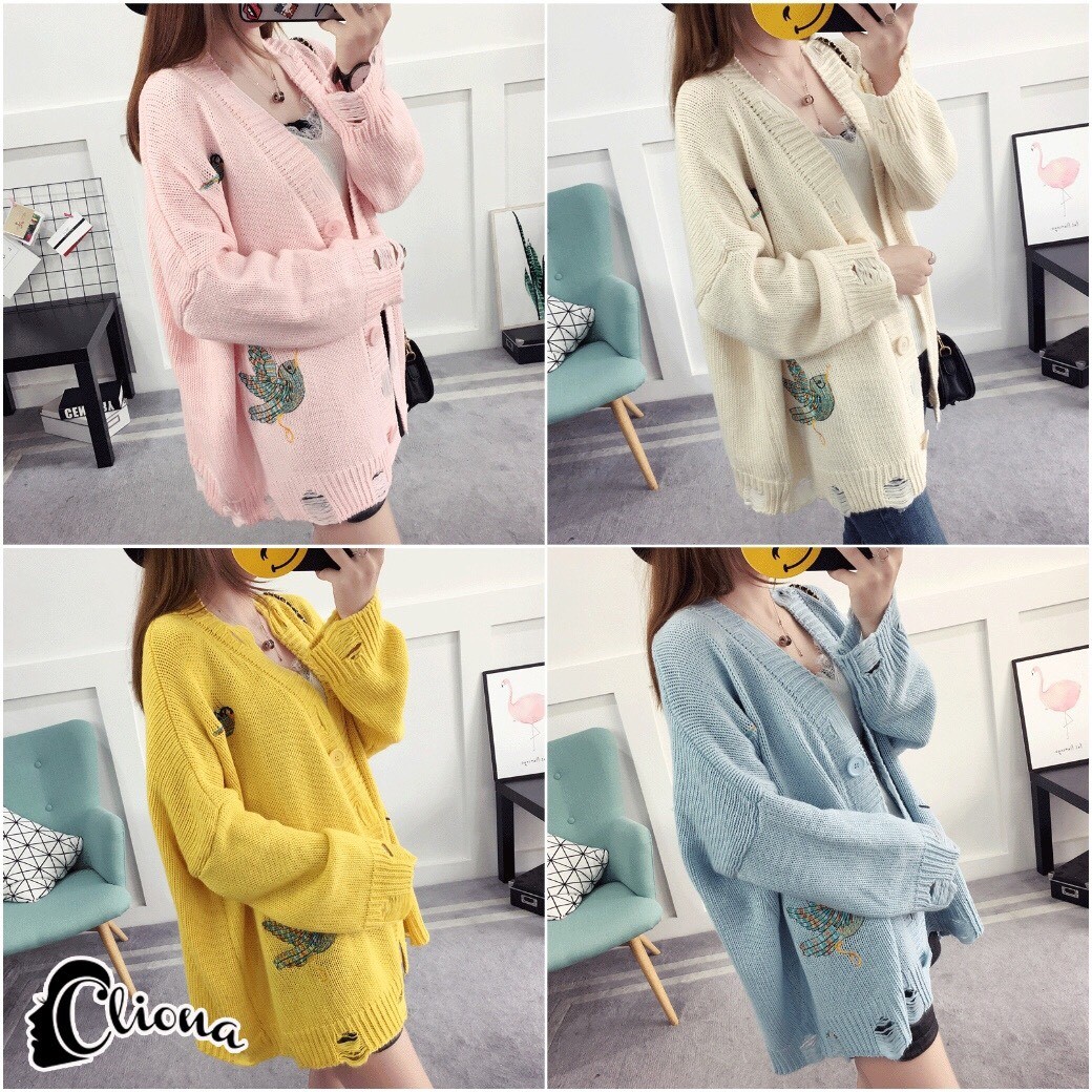 เสื้อแฟชั่น พร้อมส่ง เสื้อคลุมไหมพรม ปักลายนก