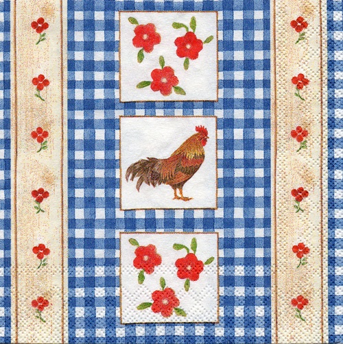 แนวภาพลายสัตว์ ลายแต่งไก่-ดอกไม้ ในกรอบลายสก๊อตสีน้ำเงิน เป็นภาพแนวตั้ง กระดาษแนพคินสำหรับทำงาน เดคูพาจ Decoupage Paper Napkins เป็นภาพ 4 บล๊อค ขนาด 25X25 ซม