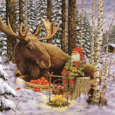 แนวภาพคริสต์มาส Santa กับกวางเรนเดียร์ Camping เป็นภาพบล็อค 4 กระดาษแนพกิ้นสำหรับทำงาน เดคูพาจ Decoupage Paper Napkins ขนาด 33X33cm