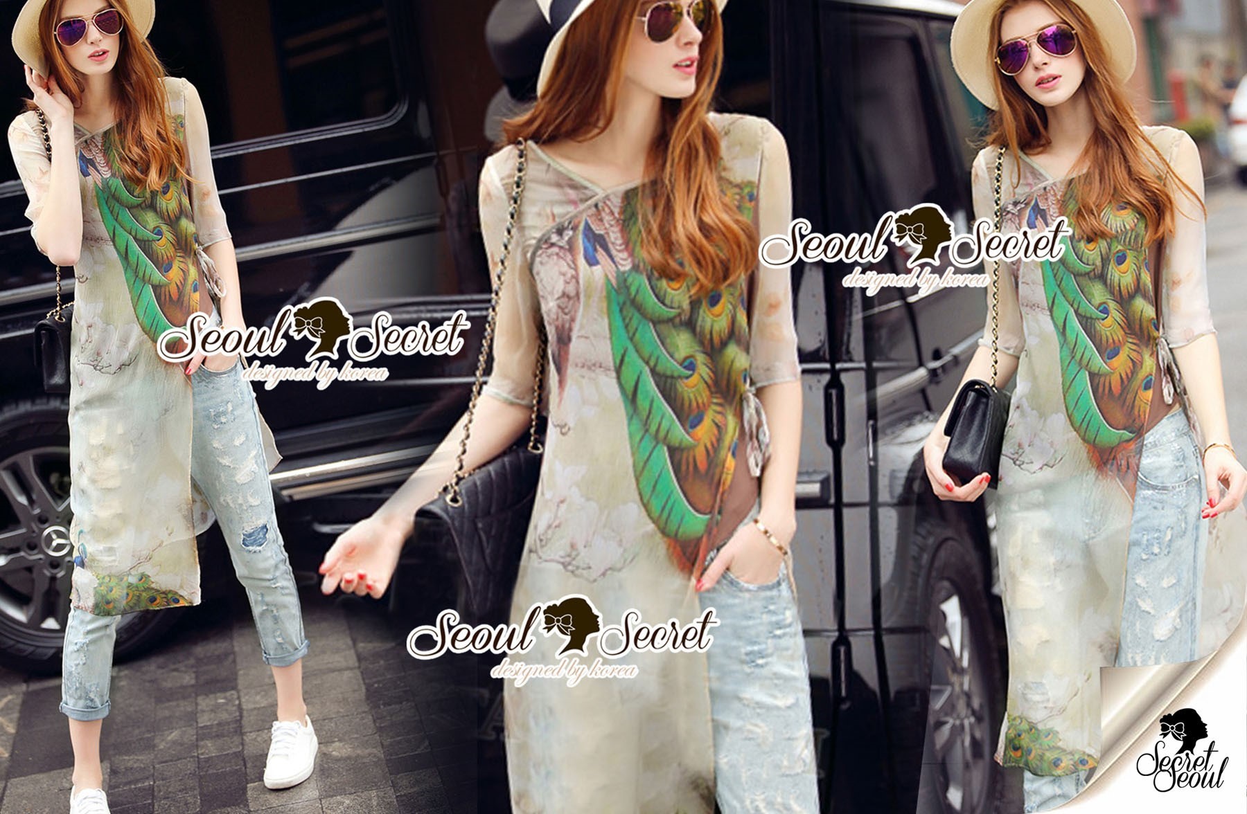 พร้อมส่ง เสื้อตัวยาวผ่าที่ด้านข้าง ลายนกยูง