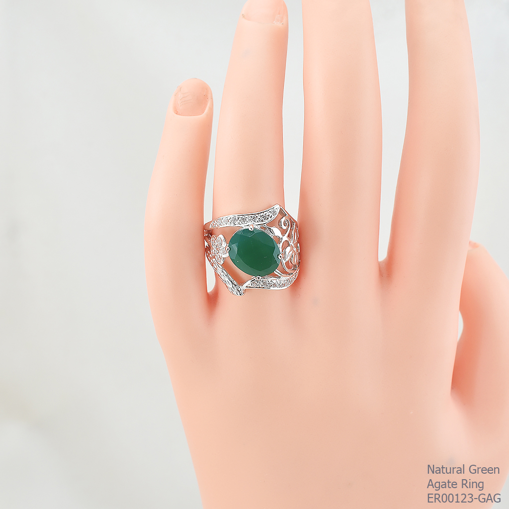 SKJewelryFactory แหวนดีไซน์ ลายใบไม้ เงินแท้ 92.5% ฝังพลอยกรีนอะเกทแท้ ER00123-GAG