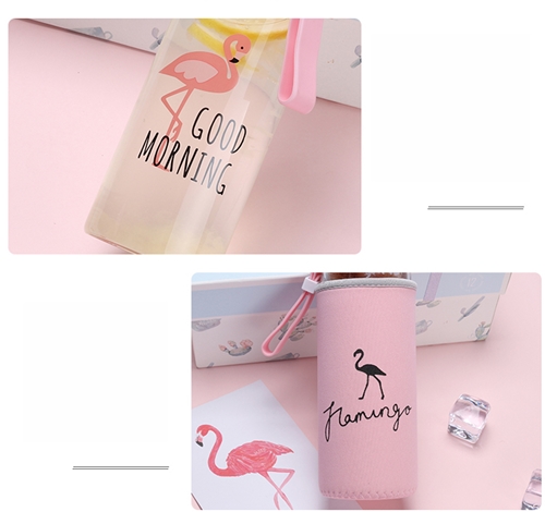 ขวดแก้วน้ำ นกฟลามิงโก้ สุดเก๋ +ปลอกถุงหิ้ว ขนาด 500 ml.สีชมพู พกพาได้