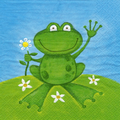 แนวภาพการ์ตูน กบถือดอกไม้ Frog & Flower สัตว์ เป็นภาพบล็อค 4 กระดาษแนพกิ้นสำหรับทำงาน เดคูพาจ Decoupage Paper Napkins ขนาด 33X33cm