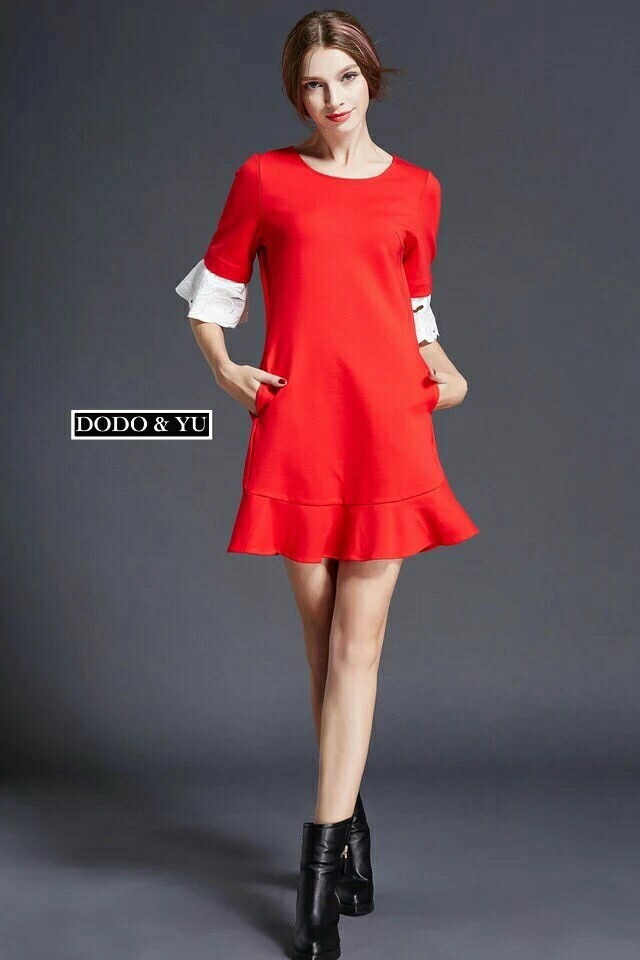 พร้อมส่ง ชุดเดรสทรง A กระโปรงระบายหางปลา