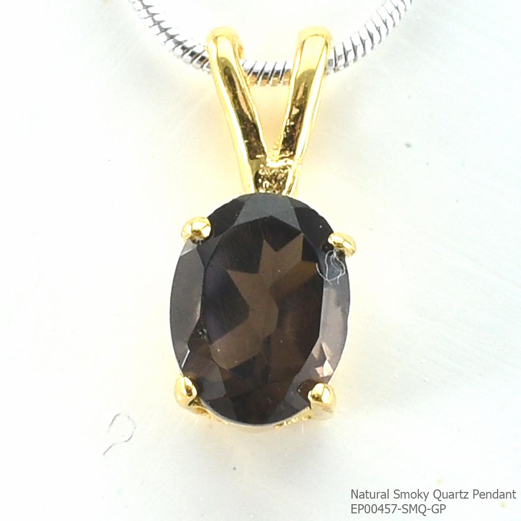 SKJewelryFactory EP00457-SMQ-GP จี้พลอยเงินแท้ พลอยสโมกกี้ควอทซ์แท้ ชบทอง 1 ไมครอน