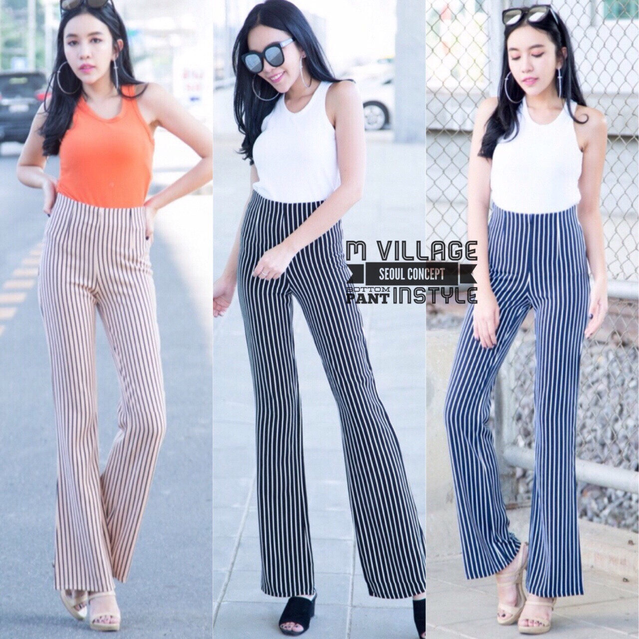พร้อมส่ง กางเกงขาม้านิด ผ้าลายริ้ว