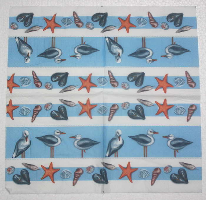 แนวภาพทะเล นกนางนวลกับเปลือกหอย Seagull & Seashell เป็นภาพแนวยาว กระดาษแนพกิ้นสำหรับทำงาน เดคูพาจ Decoupage Paper Napkins ขนาด 33X33cm