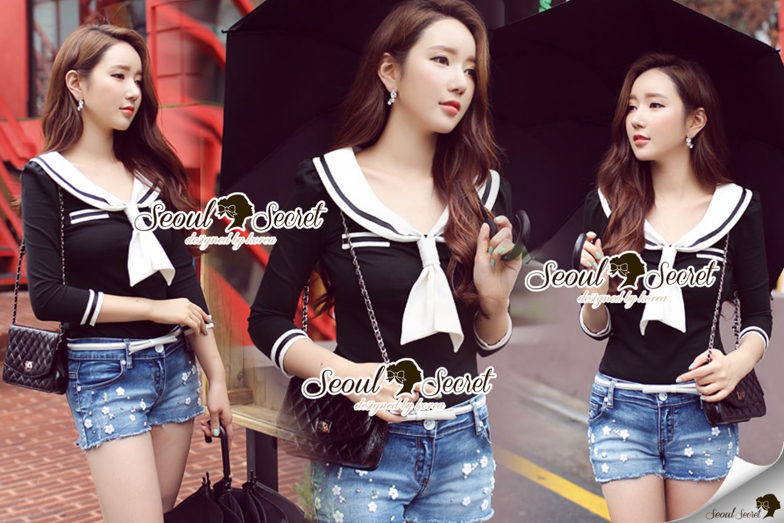พร้อมส่ง เสื้อทรงแขนสามส่วน ปกเสื้อแต่งแบบทหารเรือ