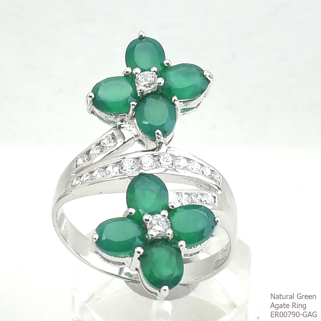 SKJewelryFactory แหวนดอกไม้ พลอยเขียวแท้ เรือนเงินแท้ 92.5% พลอยกรีนอะเกทแท้ ER00790-GAG