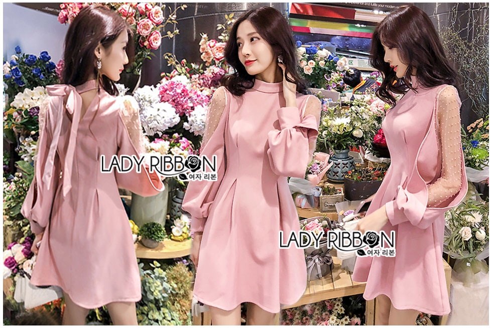 เดรสเกาหลี พร้อมส่ง ชุดเดรส ผ้าคอตตอนสีชมพูอ่อน