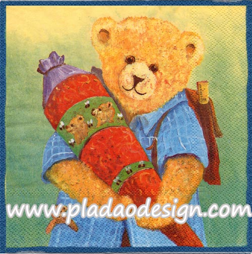 กระดาษสาพิมพ์ลาย rice paper สำหรับทำงาน handmade เดคูพาจ Decoupage แนวภาพ หมี เท็ดดี้ แบร์Teddy bear หมีชาย แบกเป้ถือหมอน พื้นหลังเหลืองเขียว (pladao design)