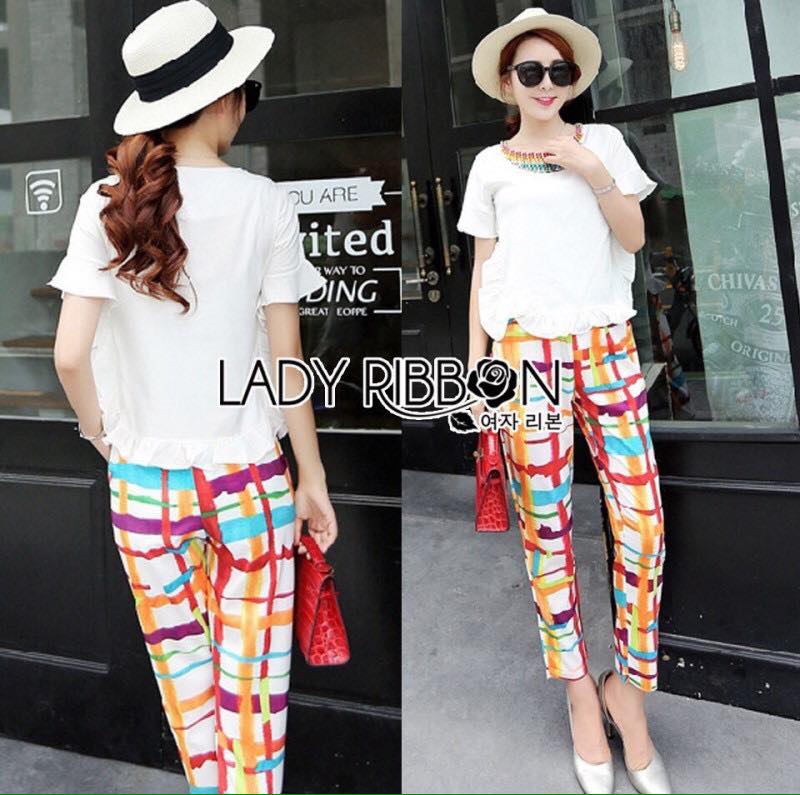 พร้อมส่ง เสื้อประดับชายระบายและกางเกงขายาว