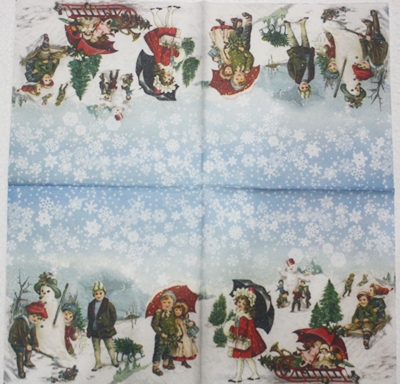 แนวภาพคริสต์มาส Vintage Winter Town Snow Man เล่นหิมะ เป็นภาพแนวยาว กระดาษแนพกิ้นสำหรับทำงาน เดคูพาจ Decoupage Paper Napkins ขนาด 33X33cm