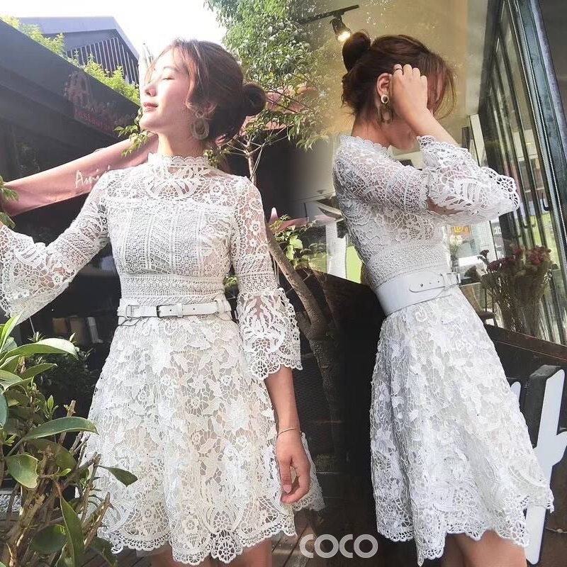 เดรสลูกไม้ พร้อมส่ง เดรสผ้าลูกไม้ สีขาว ลุคสวยหรู