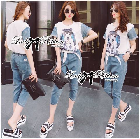 พร้อมส่ง เซ็ตเสื้อยืดตกแต่งผ้าเดนิมพิมพ์ลายสุนัข