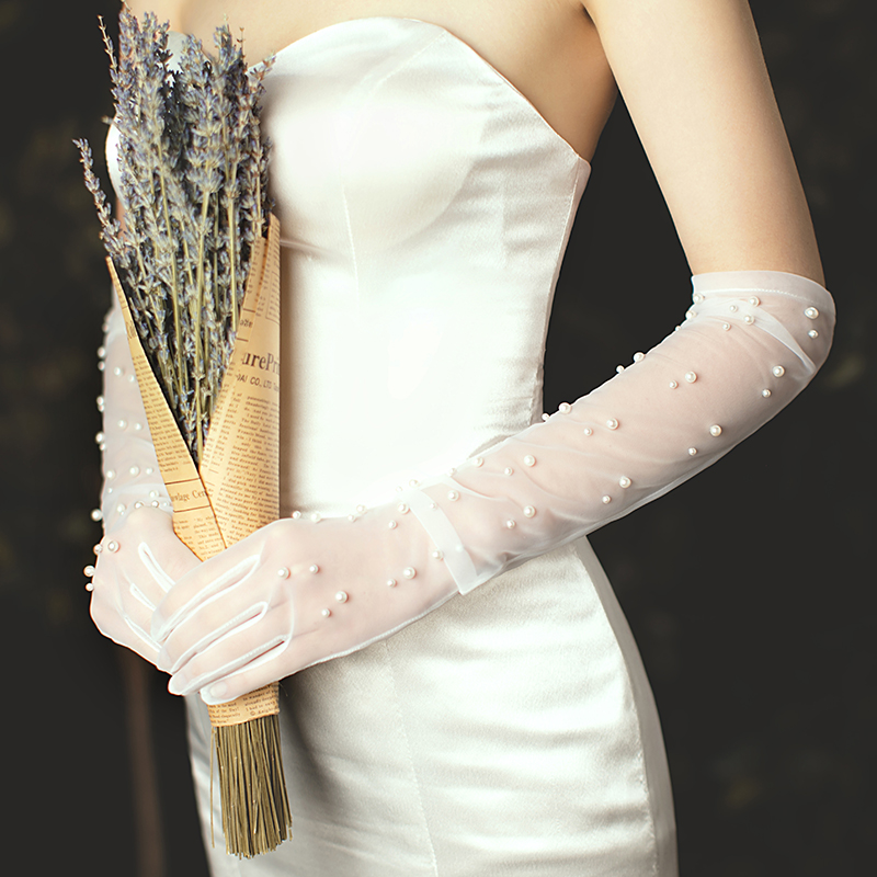 ถุงมือเจ้าสาว ถุงมือประดับมุก แบบคลุมนิ้ว ยาวประมาณ 50 cm.