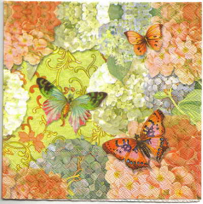 แนวภาพวินเทจ Butterfly ผีเสื้อ กับดอกไฮเดรนเยีย เป็นภาพบล็อค 4 กระดาษแนพกิ้นสำหรับทำงาน เดคูพาจ Decoupage Paper Napkins ขนาด 33X33cm