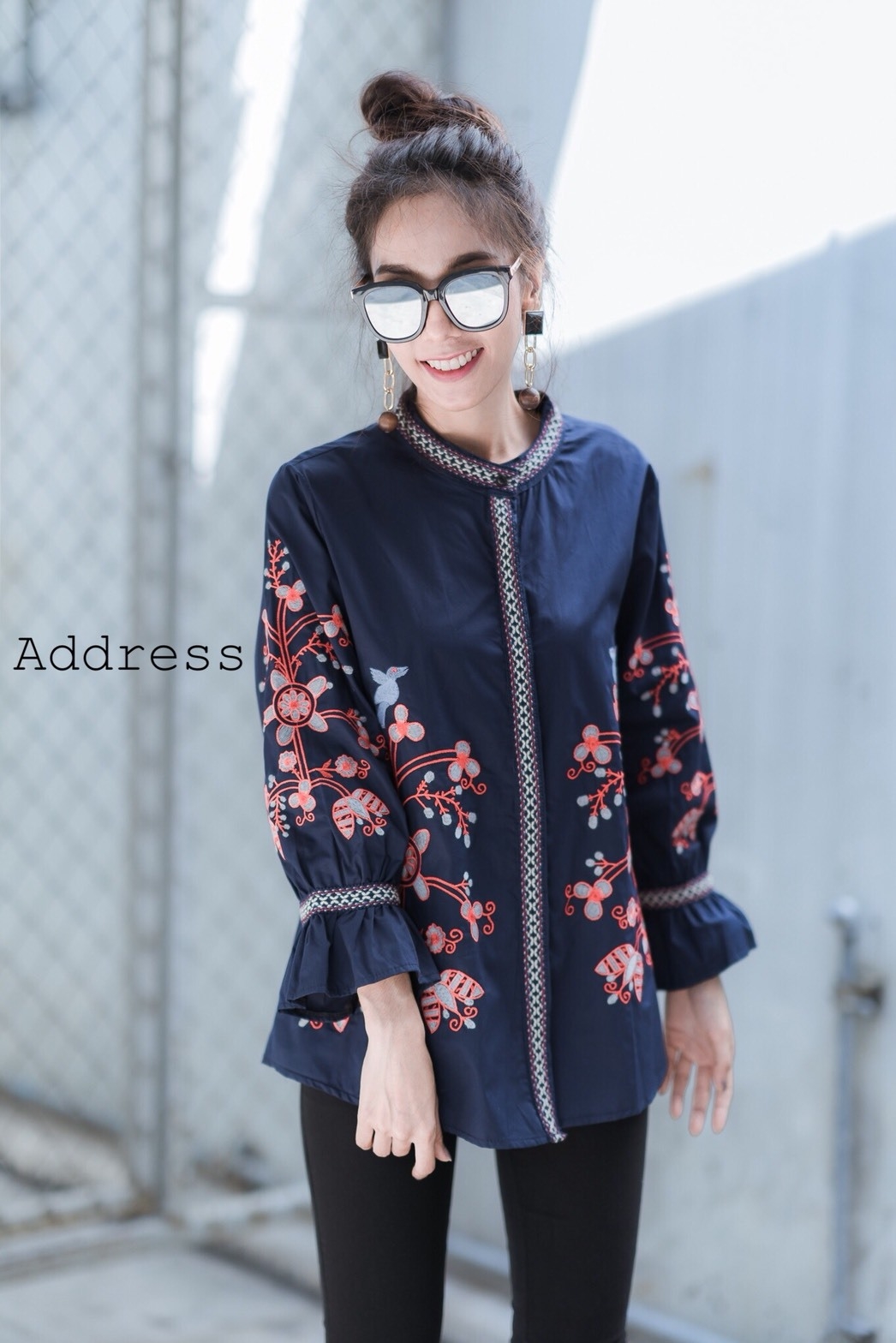 เสื้อเกาหลี พร้อมส่ง เสื้อคอจีน แต่งงานปักลายดอก