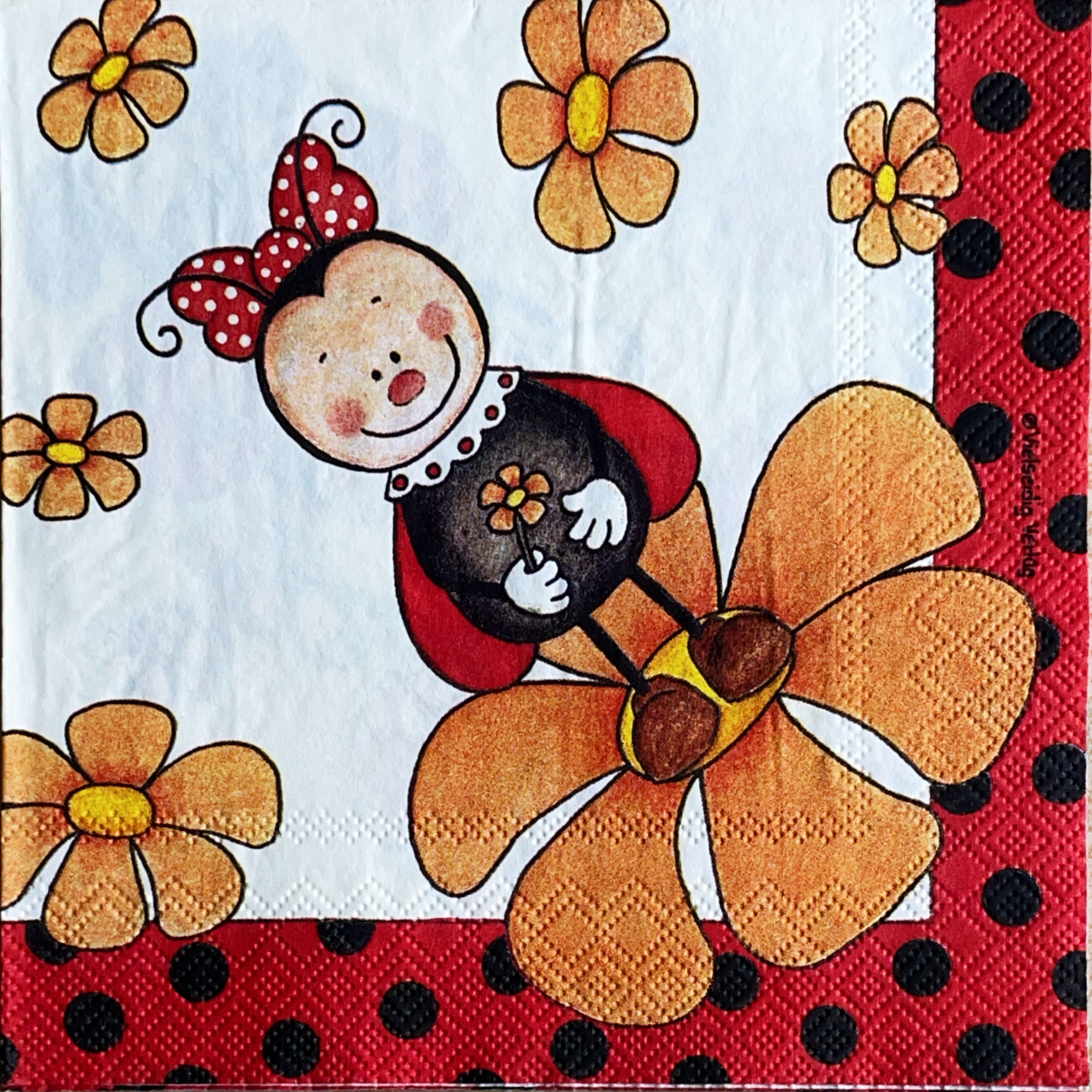 แนวภาพการ์ตูน เต่าทองชาย กับดอกไม้ Lady Bug เป็นภาพเต็มแผ่น กระดาษแนพกิ้นสำหรับทำงาน เดคูพาจ Decoupage Paper Napkins ขนาด 33X33cm