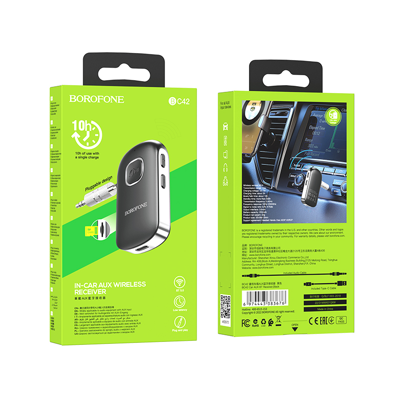 BOROFONE BC42 Bluetooth Adapter Wireless Car AUX BT Receiver Transmitter 3.5mm Jack Black