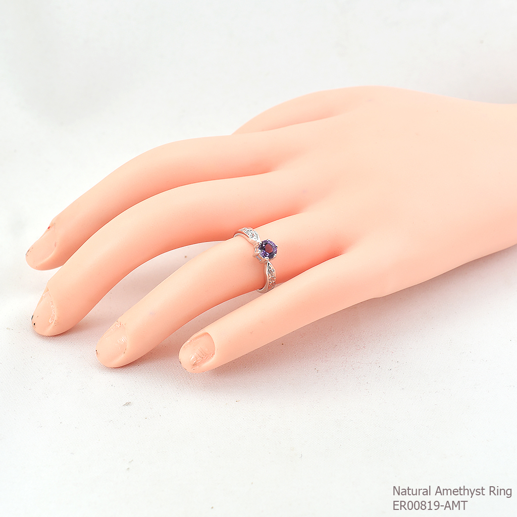 SKJewelryfactory แหวนเงินแท้ ฝังพลอยแอมิทิสต์แท้ แหวนชูพลอย สไตล์แหวนหมั้น ER00819-AMT