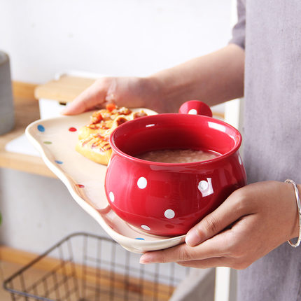 Pre-Order ชามทรงหม้อ ชามมาม่า ซุป ก๋วยเตี๋ยว พร้อมถาดรอง ใส่ขนมได้ ลายจุด Polka Dot น่ารักๆ มีให้เลือก 6 สี