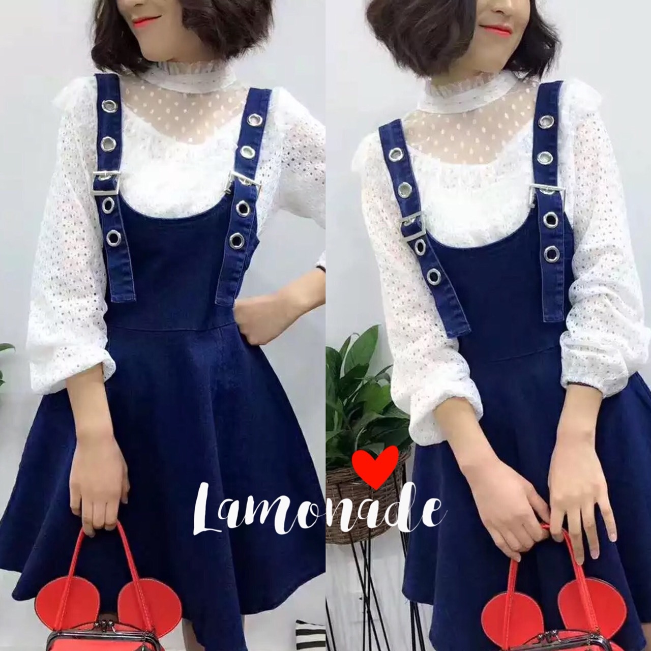 พร้อมส่ง เอี๊ยม กระโปรงยีนส์ สายตอกตาไก่