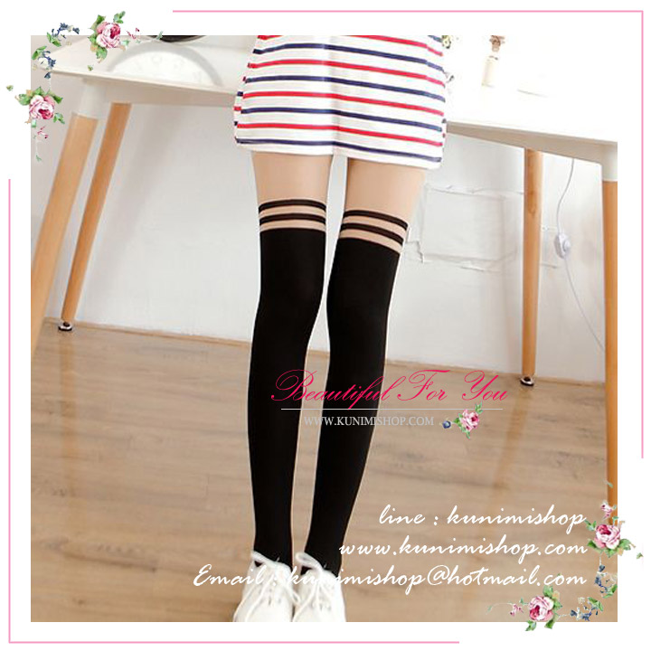 WL018 ถุงน่องแบบเต็มตัว สีทูโทน สีเนื้อ และสีดำ ลายขวาง สวยน่ารัก