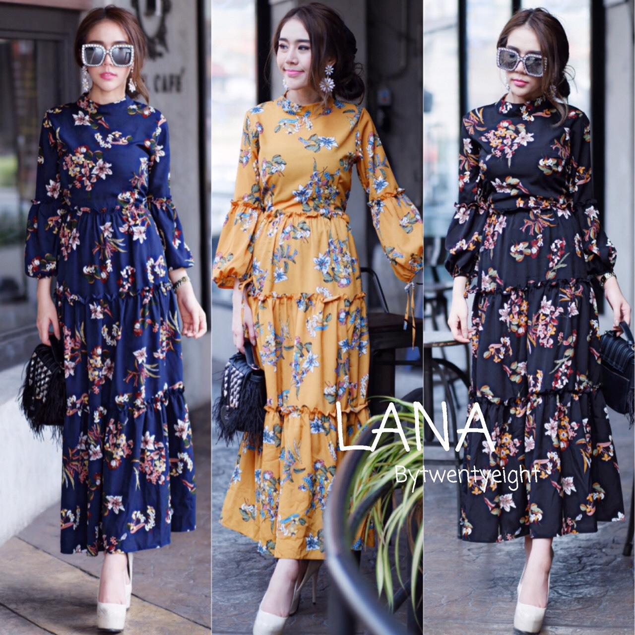ชุดเดรสเกาหลี พร้อมส่ง เดรสยาวลายดอก