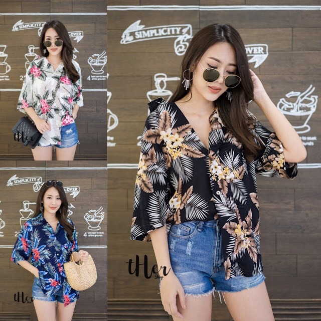 เสื้อเกาหลี พร้อมส่ง เสื้อเชิ้ต พิมพ์ลายแขนสั้น