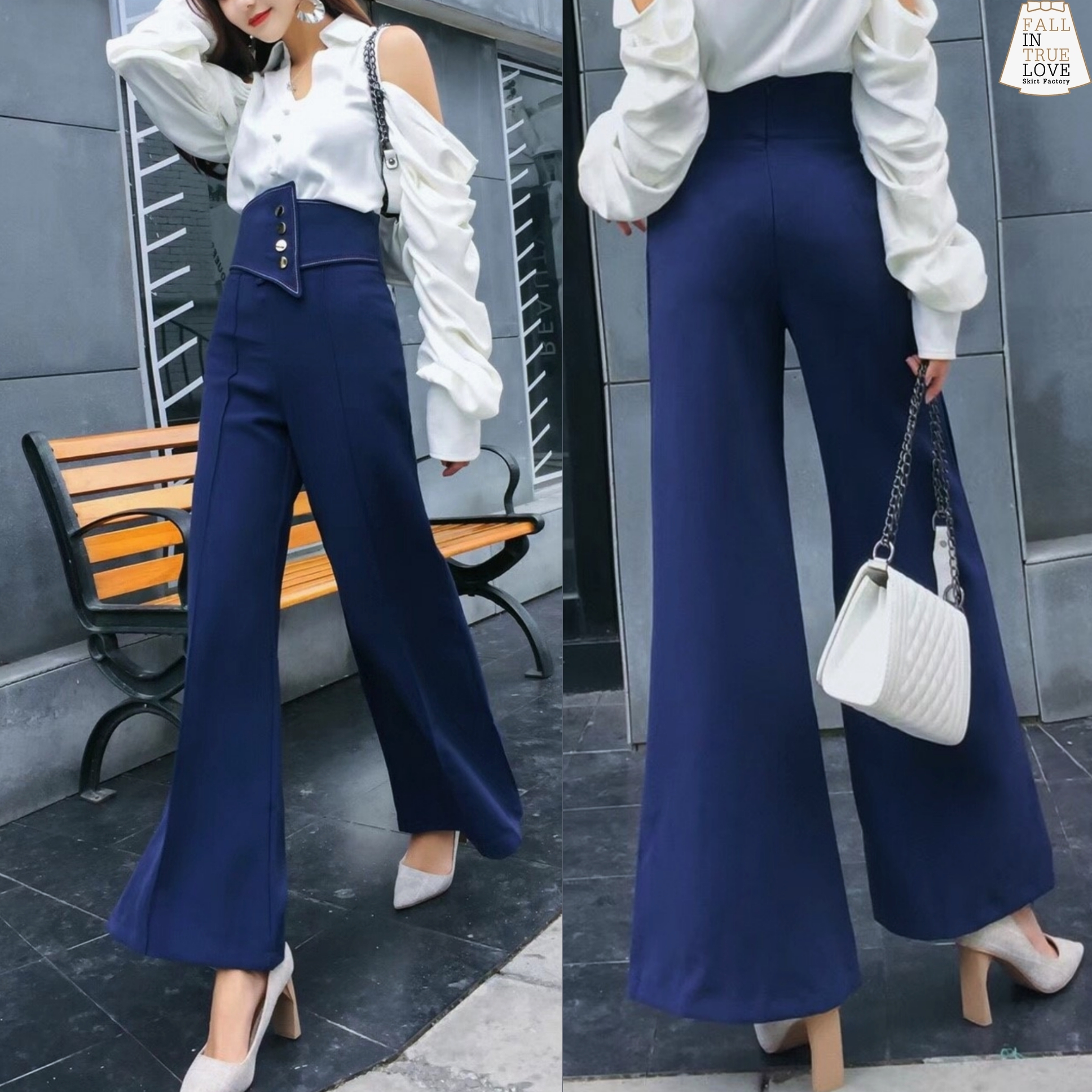 พร้อมส่ง กางเกงขาบาน เอวสูง แต่งเข็มขัด