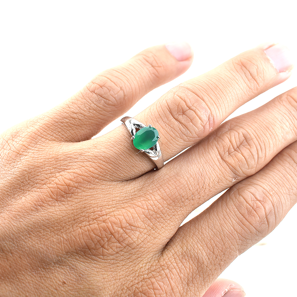SKJewelryFactory แหวนพลอยเม็ดเดี่ยว แหวนชูยอด แหวนเงินแท้ แหวนพลอยกรีนอะเกทแท้ ER01096-GAG