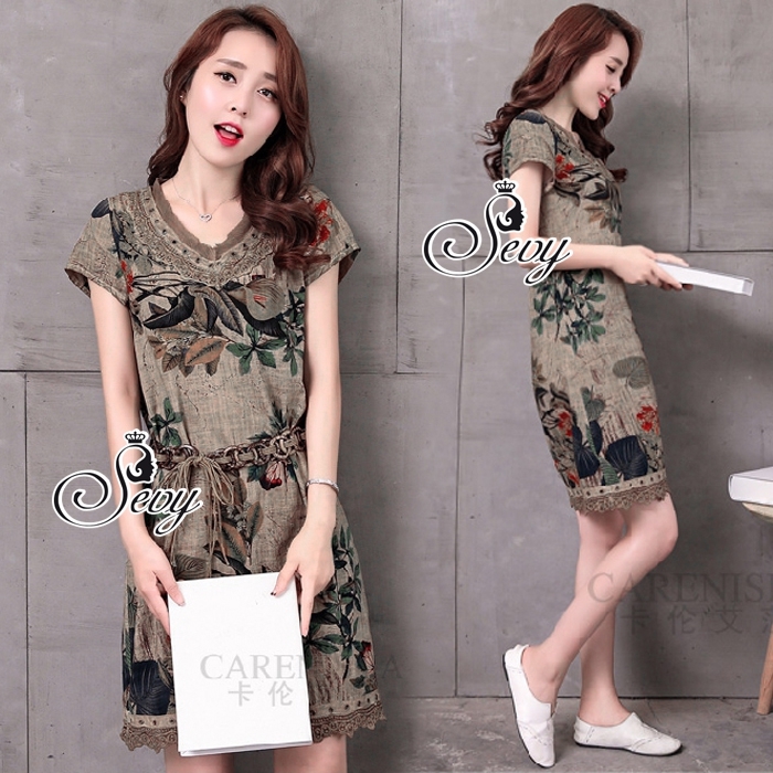 พร้อมส่ง มินิเดรสทรงตรงพิมพ์ลายเรโทร สีเอิร์ธโทน