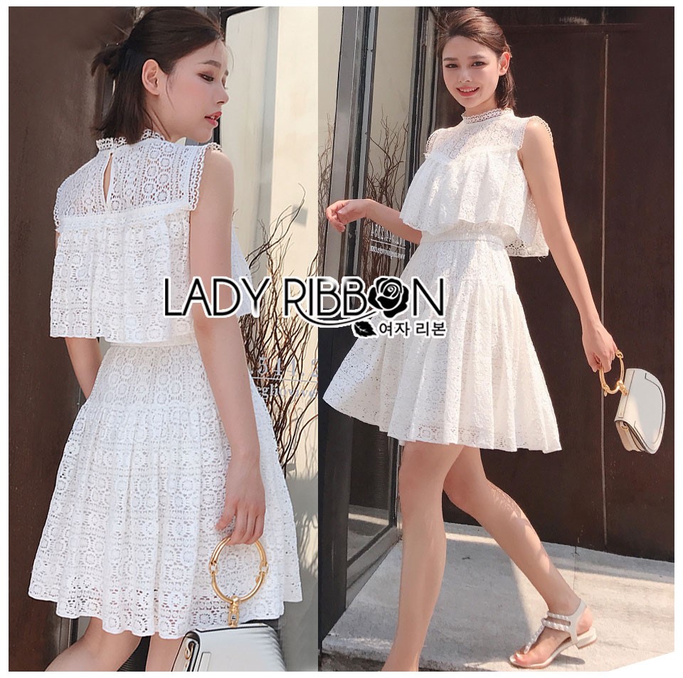 เดรสแฟชั่น พร้อมส่ง เดรสผ้าลูกไม้สีขาว หน้าอกทรงหัวใจ