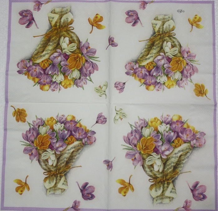 แนวภาพดอกไม้ ช่อดอกไม้ Bouquet ดอกบัวดินฝรั่ง Crocus เป็นภาพบล็อค 4 กระดาษแนพกิ้นสำหรับทำงาน เดคูพาจ Decoupage Paper Napkins ขนาด 33X33cm
