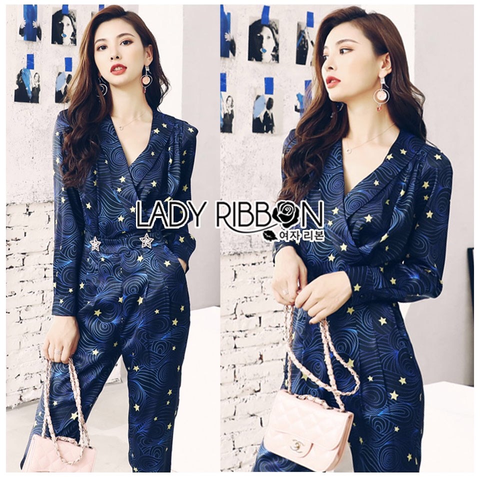 เสื้อผ้าเกาหลี พร้อมส่ง จัมป์สูท ขายาวสีน้ำเงิน ลายดาว