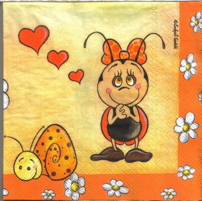 แนวภาพการ์ตูน เต่าทอง กับหอยทาก Lady Bug & Snail เป็นภาพเต็มแผ่น กระดาษแนพกิ้นสำหรับทำงาน เดคูพาจ Decoupage Paper Napkins ขนาด 33X33cm