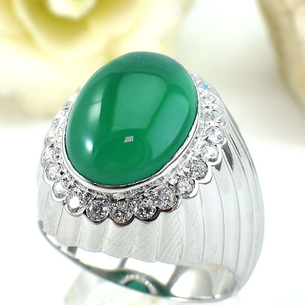 SKJewelryFactory แหวนพลอยกรีนอะเกทแท้ สีเขียวดุจดั่งมรกต แหวนชายทรงคลาสสิค MR00009-GAC