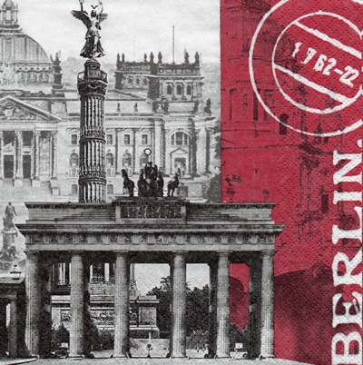 แนวภาพท่องเที่ยว ภาพ Landmark ของ Berlin ประเทศ เยอรมัน เป็นภาพ 4 บล๊อค ภาพโทนสีเทาเลือดหมู กระดาษแนพกิ้นสำหรับทำงาน เดคูพาจ Decoupage Paper Napkins ขนาด 33X33cm