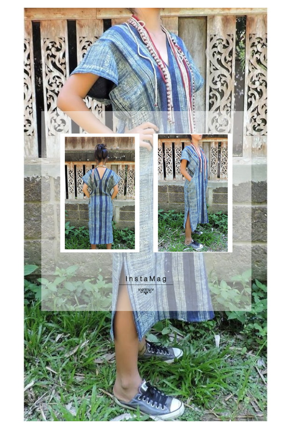 ชุดแซก ผ้าใยกัญชง ผ้าปักมือ HD018F/ Hmong Handmade Hemp Vintage Indigo Batik Boho Dress HD018F