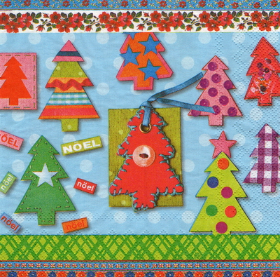 แนวภาพคริสต์มาส Felt X Mas Tree พื้นฟ้า เป็นภาพแนวยาว กระดาษแนพกิ้นสำหรับทำงาน เดคูพาจ Decoupage Paper Napkins ขนาด 33X33cm