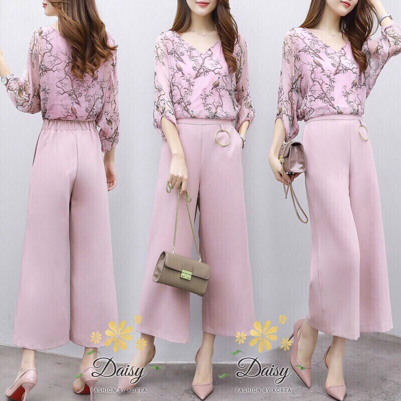เสื้อผ้าเกาหลี พร้อมส่ง เสื้อลายนกบนกิ่งไม้ กับ กางเกง