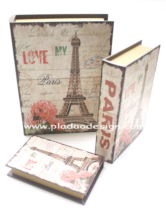 กล่องเก็บของทรงหนังสือแนววินเทจ 3 ใบชุด ลาย Love My Paris Effel