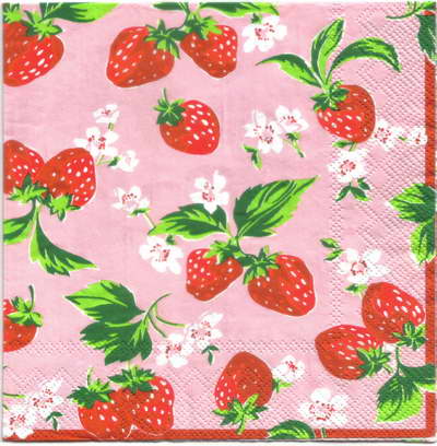 แนวภาพ Cath Kidston สตอเบอร์รี่ พื้นชมพู ผลไม้ เป็นภาพกระจายเต็มแผ่น กระดาษแนพกิ้นสำหรับทำงาน เดคูพาจ Decoupage Paper Napkins ขนาด 33X33cm