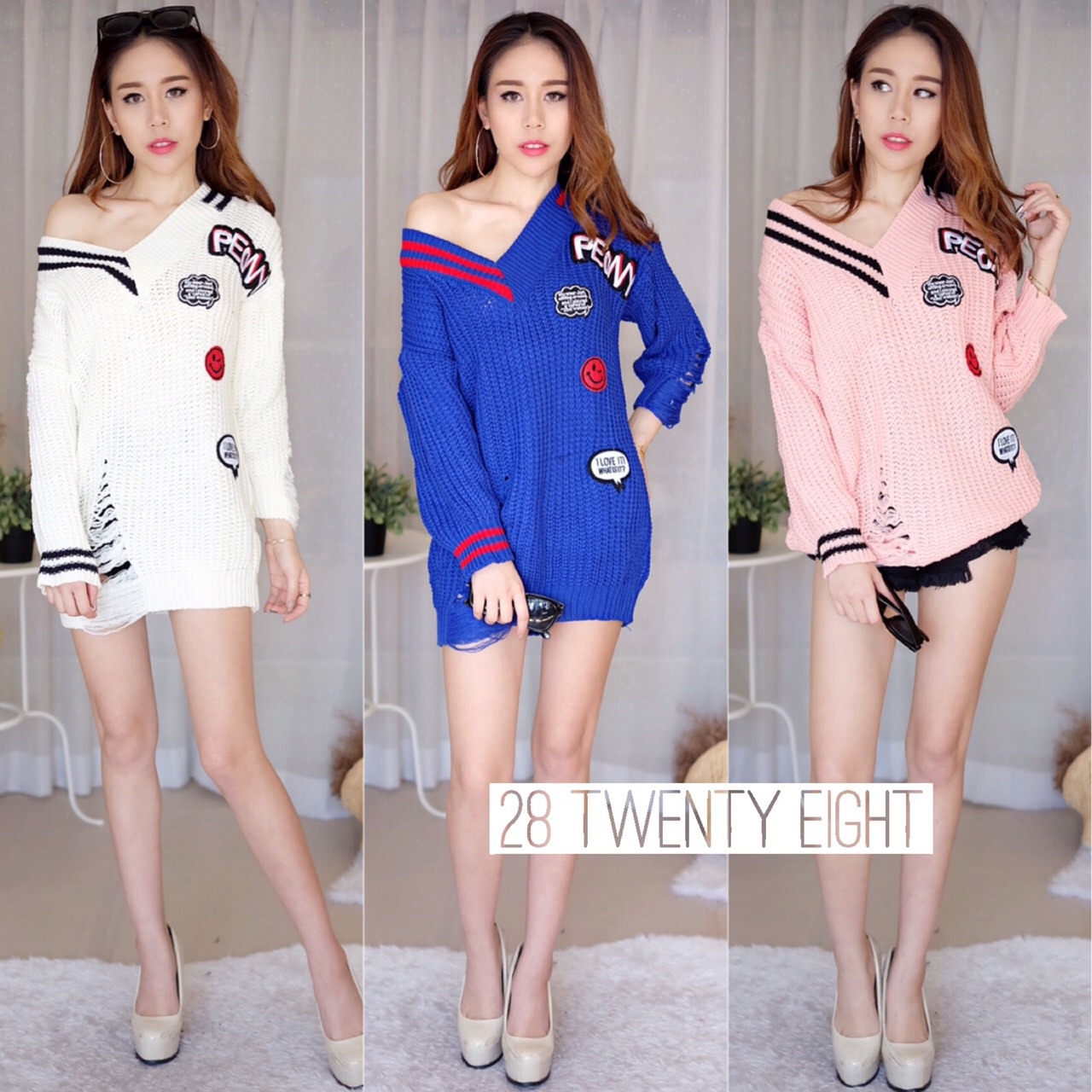เสือผ้าเกาหลี พร้อมส่ง เสื้อไหมพรมแขนยาว คอวี แต่งแถบ