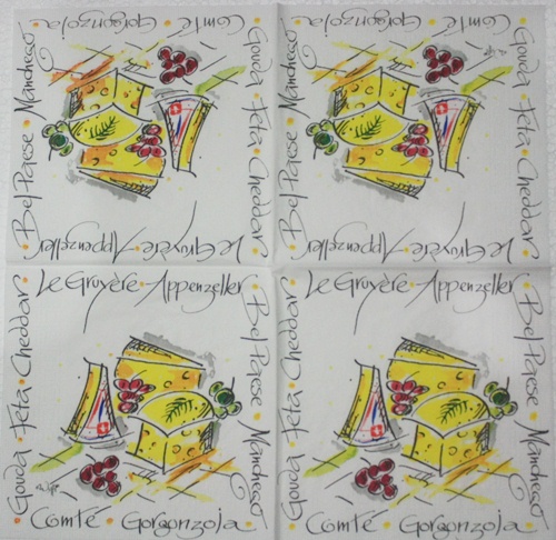 แนวภาพอาหาร ลายเส้นก้อนชีสกับผลไม้ กระดาษแนพกิ้นสำหรับทำงาน เดคูพาจ Decoupage Paper Napkins เป็นภาพ 4 บล๊อค ขนาด 33X33cm