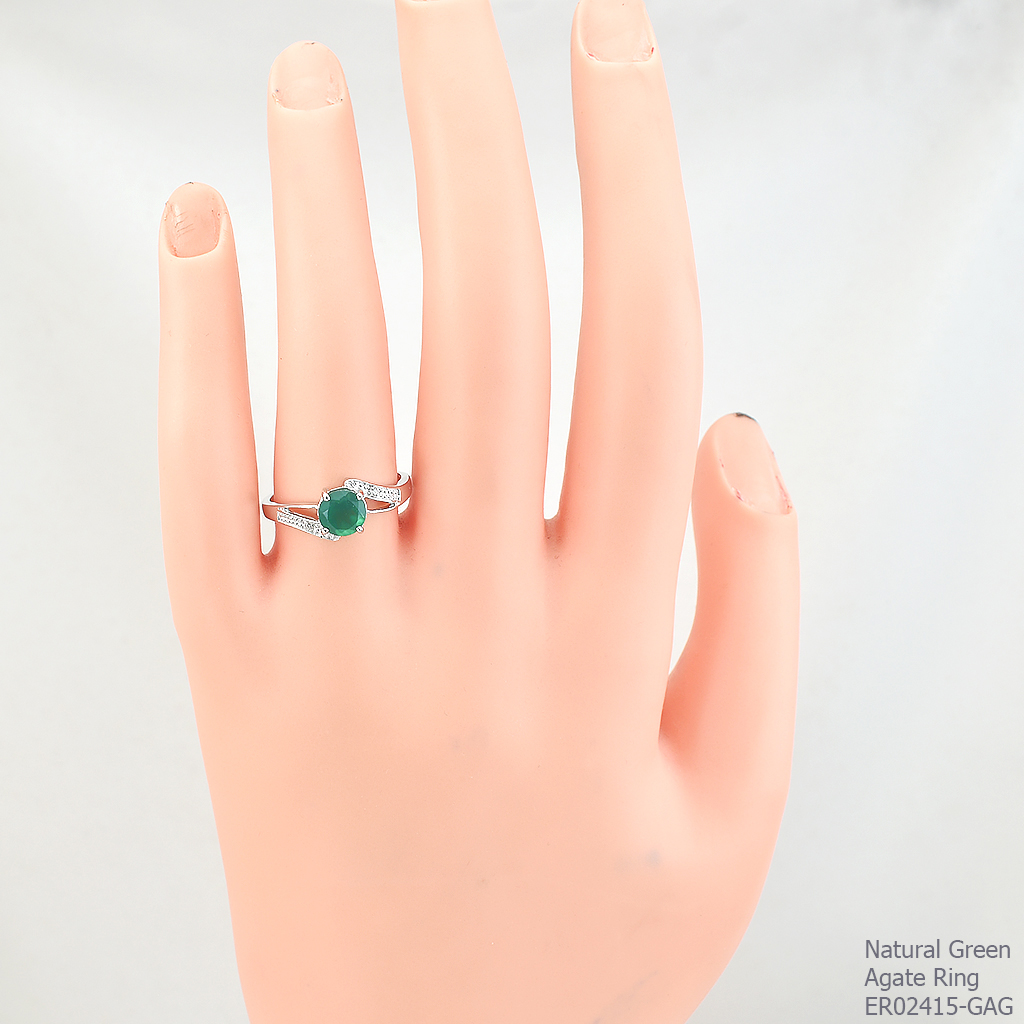 SKJewelryFactory แหวนพลอยกลม แหวนเงินแท้ 92.5% ฝังพลอยกรีนอะเกทแท้ ER02415-GAG