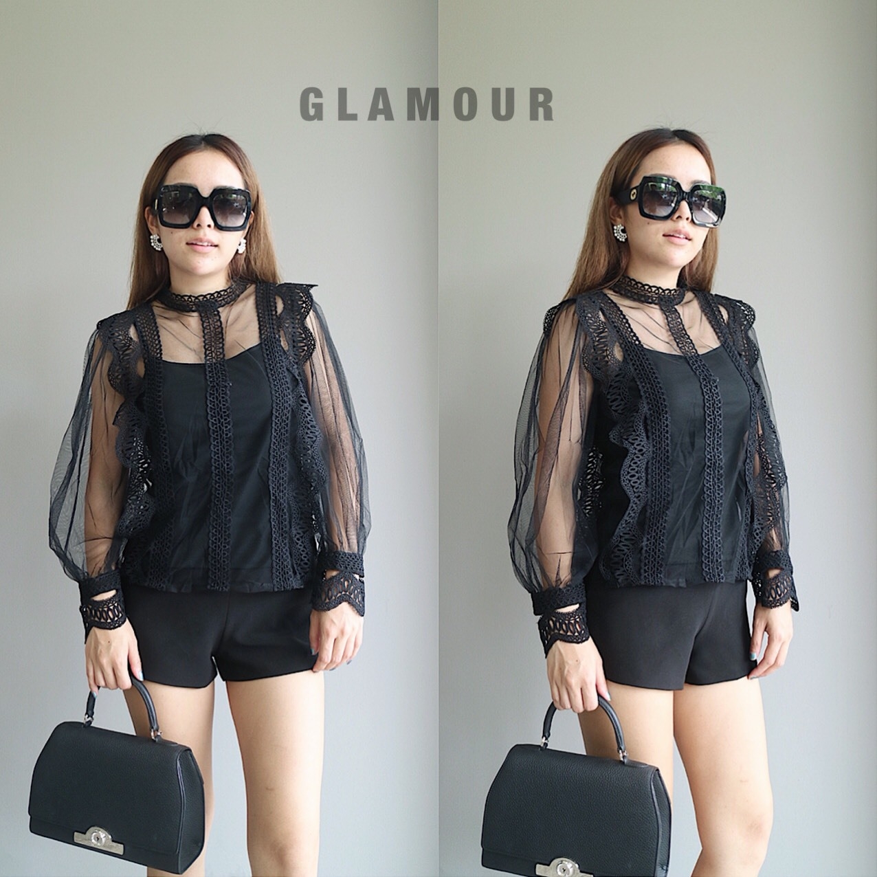 เสื้อเกาหลี พร้อมส่ง เสื้อแขนยาว ตาข่าย แต่งลูกไม้ฉลุ