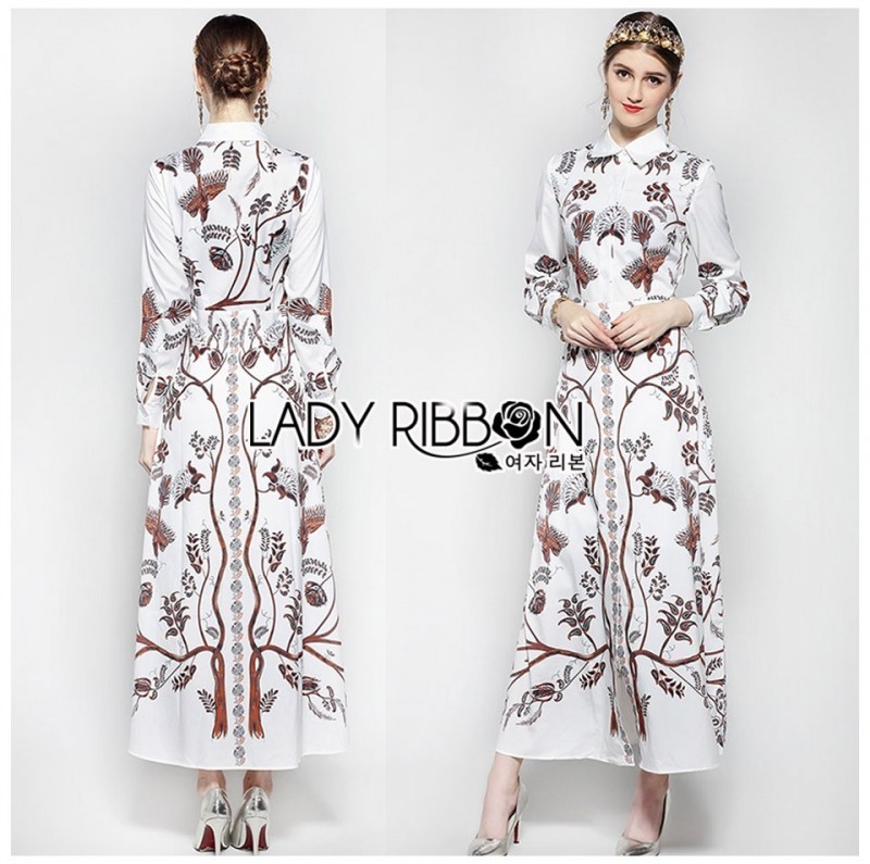 ชุดเดรสเกาหลี พร้อมส่ง Dress เชิ้ตเดรส ยาวสีขาวพิมพ์ลาย